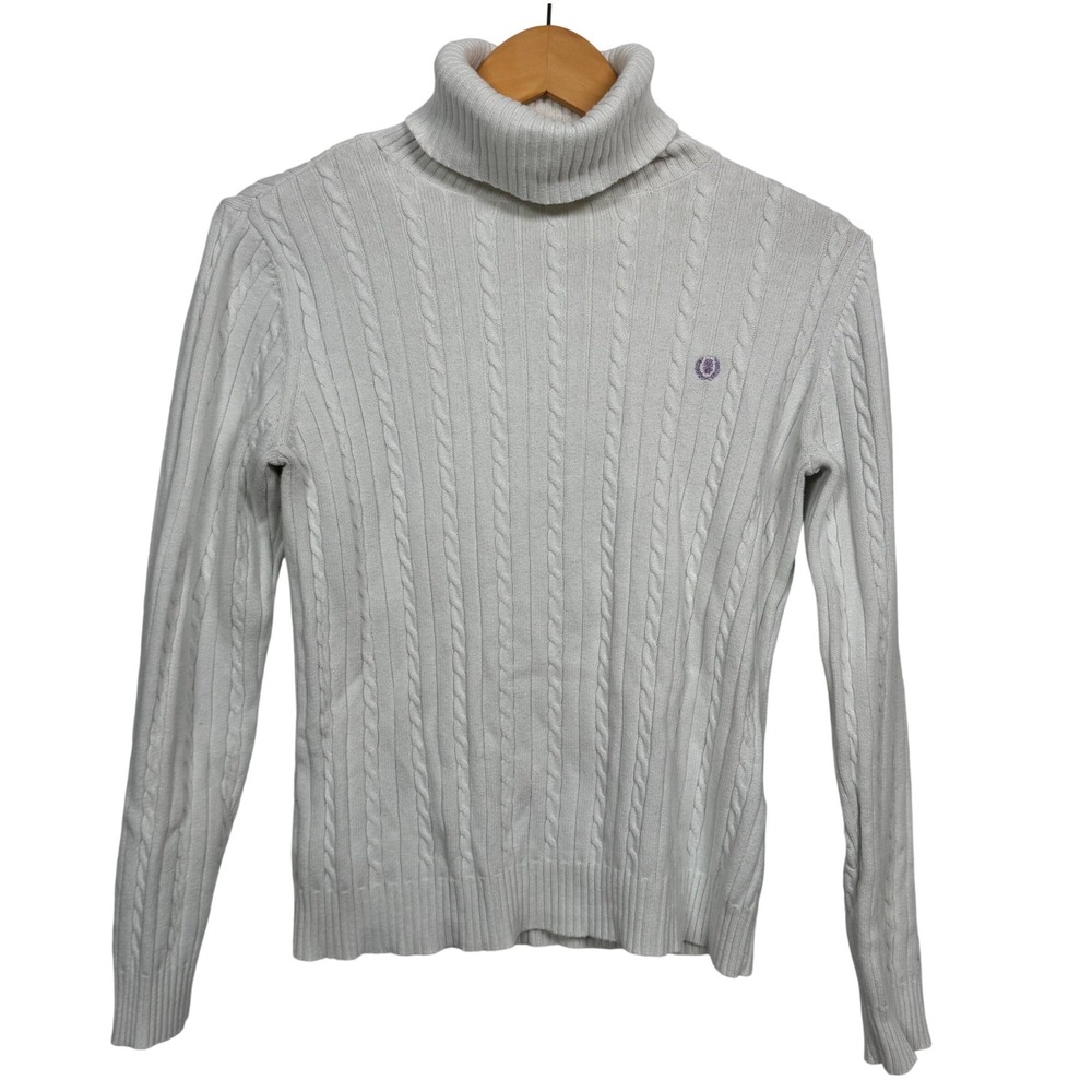Y2K‎ IZOD Women M Off White Cotton Cable Knit Turtleneck Sweater Preppy Academia